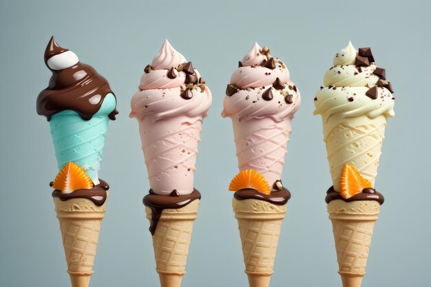 ice cream cones with hazelnut mint and chocolate orange and strawberry