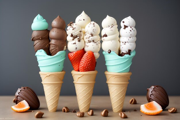 ice cream cones with hazelnut mint and chocolate orange and strawberry