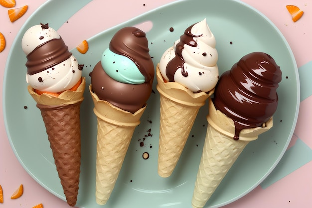 ice cream cones with hazelnut mint and chocolate orange and strawberry