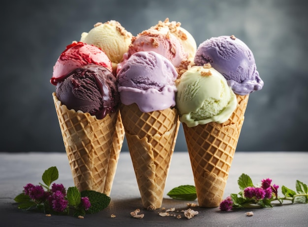 Ice cream cones with mixed flavors