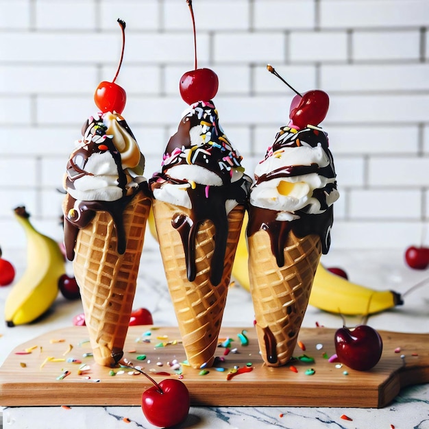 Ice cream cones on a wooden board