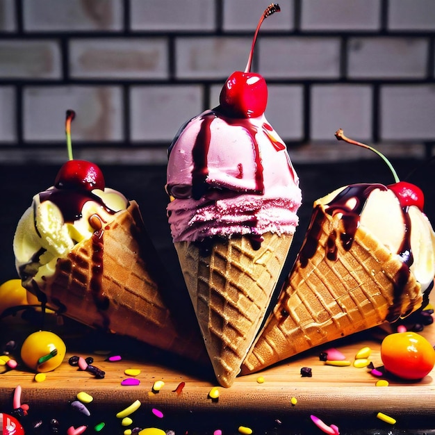 Ice cream cones on a wooden board