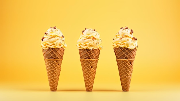 Концы мороженого на желтом фоне Летний позитивный баннер ИИ сгенерированное изображение