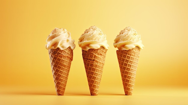 Ice cream cones on a yellow background Summer positive banner AI generated image