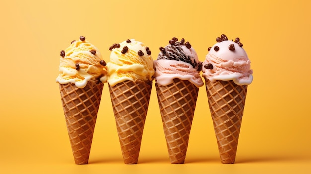 Ice cream cones on a yellow background Summer positive banner AI generated image