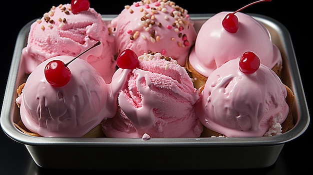 핑크색 얼음이 담긴 아이스크림 용기