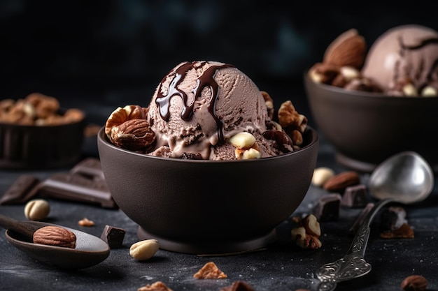 Ice cream covered with dark chocolate in a black bowl Generated ai