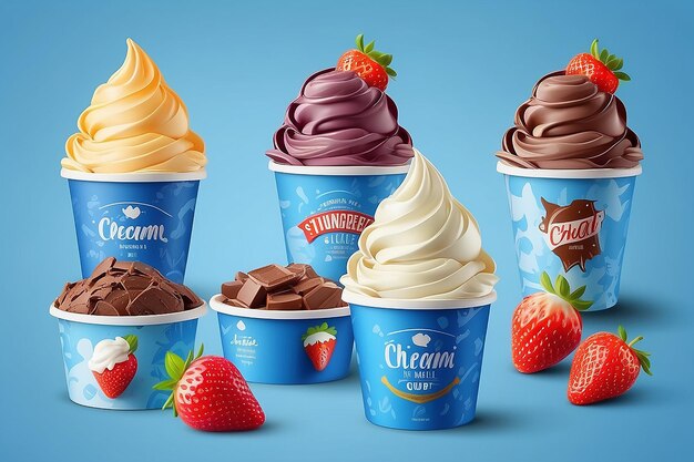 Photo ice cream cup package design for different flavors on blue background in 3d illustration