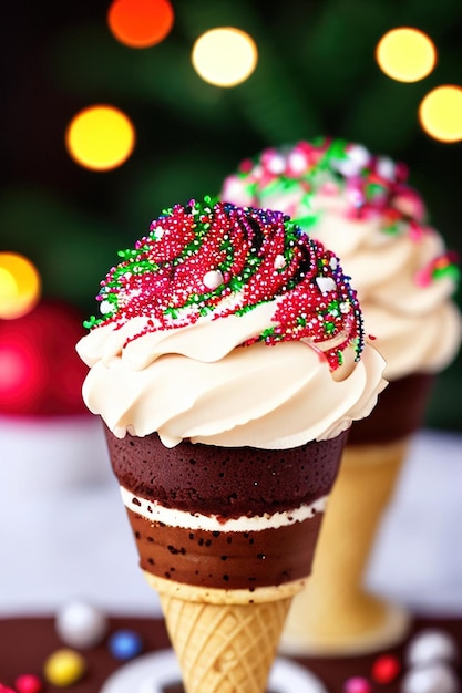 ice cream drizzled in chocolate and festive sprinkles