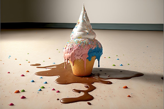 Photo ice cream drop on floor made by aiartificial intelligence