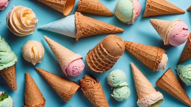 Ice cream empty cone pattern overhead flatlay view view photo of icecream cones isolated over light