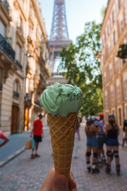 Ice Cream Enjoyment at the Eiffel Tower