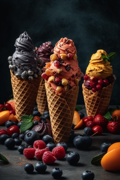 Ice cream flavor in cones blueberry strawberry Created with generative AI technology