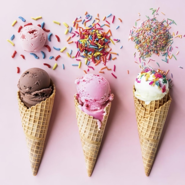 ice cream flavors pink background with sprinkles copy space