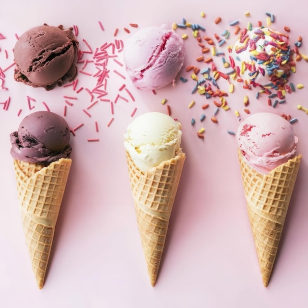 ice cream flavors pink background with sprinkles copy space