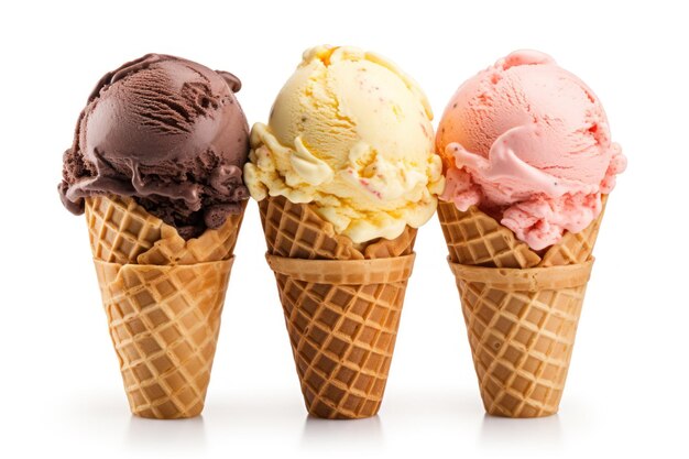 Ice cream flavors with cone on white background