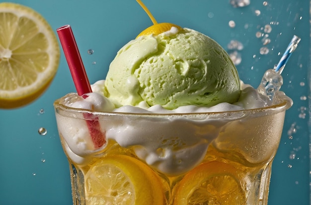 Photo ice cream float with fizzy lemonlime soda a refreshing classic