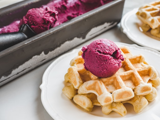 Ice cream and fragrant waffles. Close up