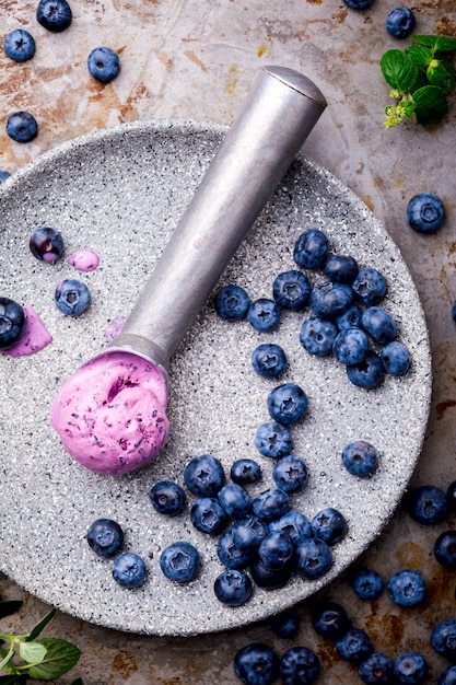 Ice cream from blueberries. Summer sweet Dessert.