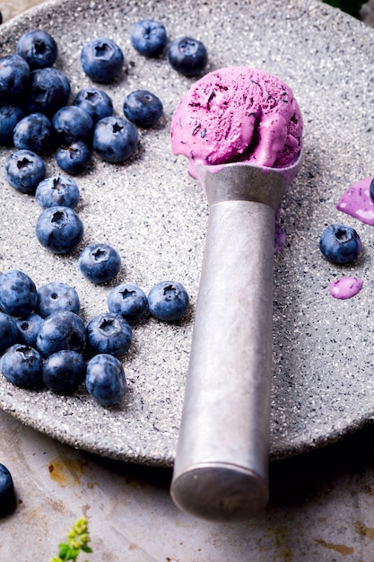 Ice cream from blueberries. Summer sweet Dessert.