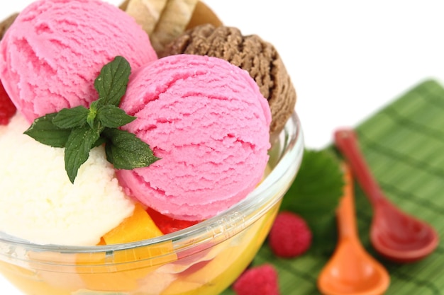 Ice cream and fruits in a bowl