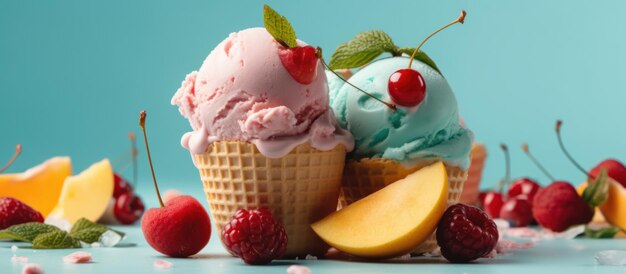 Ice cream fruitty on a white light blue background