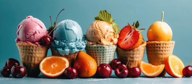 Photo ice cream fruitty on a white light blue background
