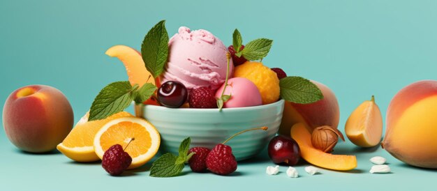 Ice cream fruitty on a white light blue background