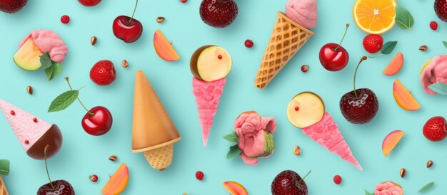 Ice cream fruitty on a white light blue background