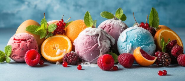 Photo ice cream fruitty on a white light blue background