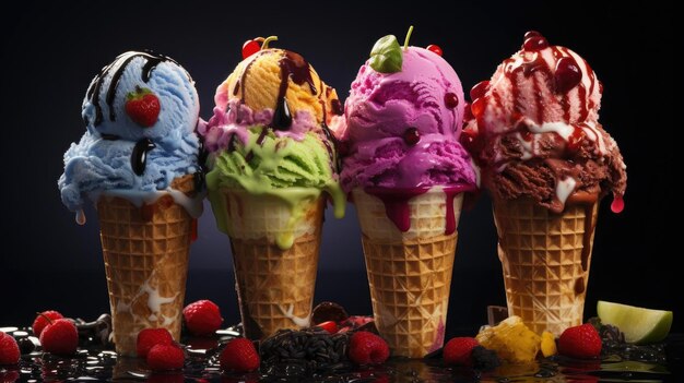 黒い背景とぼかしを持つフルーツ風味のアイスクリーム