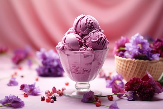 ice cream in a glass cup with pink flowers