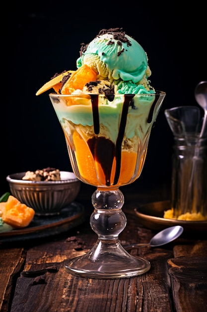 Ice cream Glass on a dark wooden table Tasty or delicious dessert concept