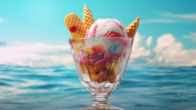 Ice cream in a glass goblet on the beach