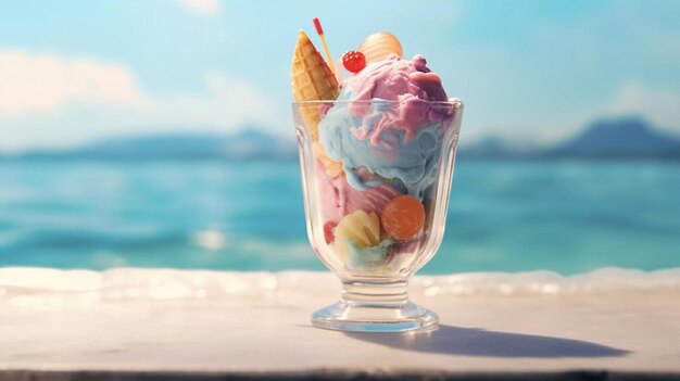 Ice cream in a glass goblet on the beach