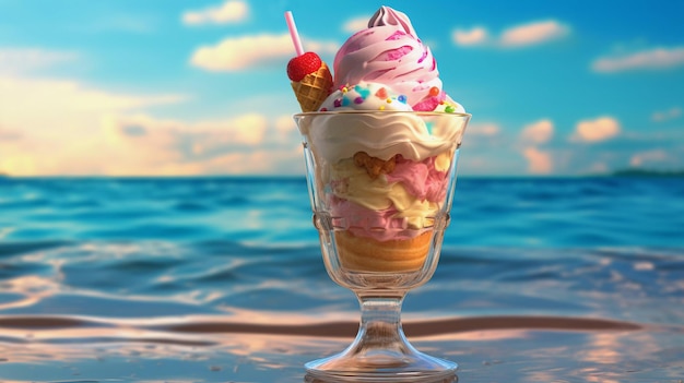 ビーチのガラスのゴブレットに入ったアイスクリーム