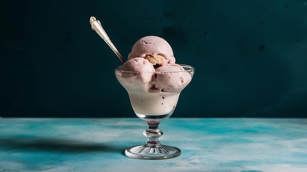 Ice cream in glass vase and metal spoon on top