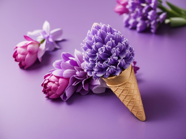 Ice cream horn or cone with purple hyacinth