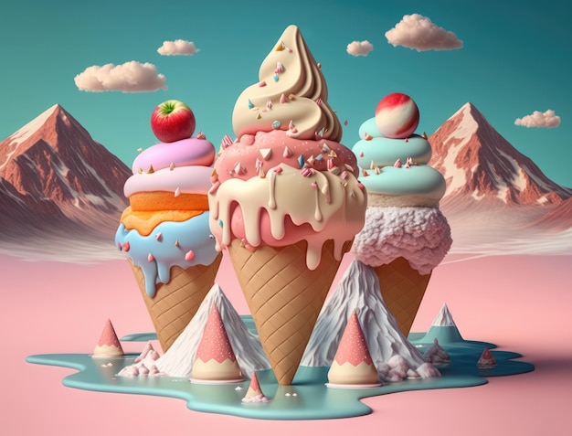 Photo ice cream ice cream land fairy tale landscape made in ice cream waffle cones fruits sweets