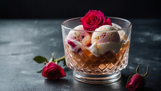 Photo a ice cream ice cream with roses in it