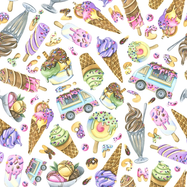 Ice cream is different popsicle balls in a waffle cone a car a truck Watercolor illustration from a large set of ICE CREAM Seamless pattern For fabric textiles clothing menus cafes