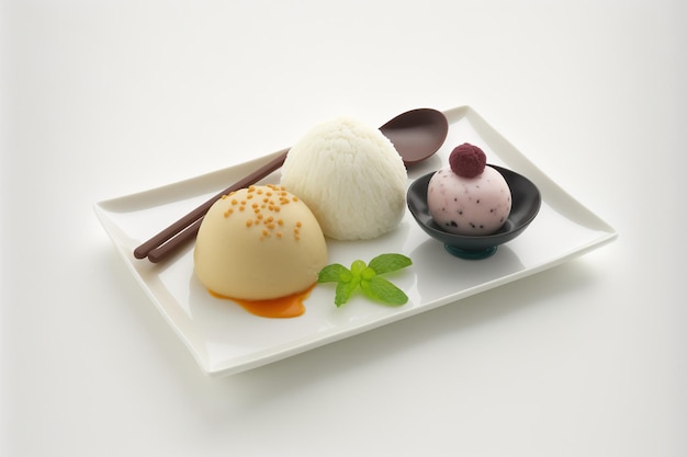 일본의 아이스크림 쌀 반죽 떡에 흰색 배경에 대해 묘사된 일본 디저트는 잠시 복사 공간에 초점을 맞춥니다