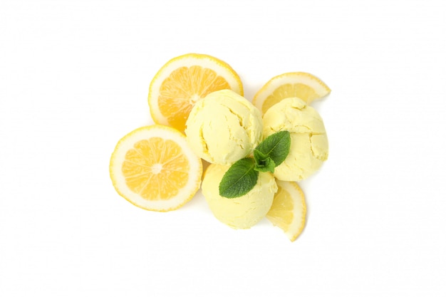 Ice cream, lemon slices and mint isolated on white surface