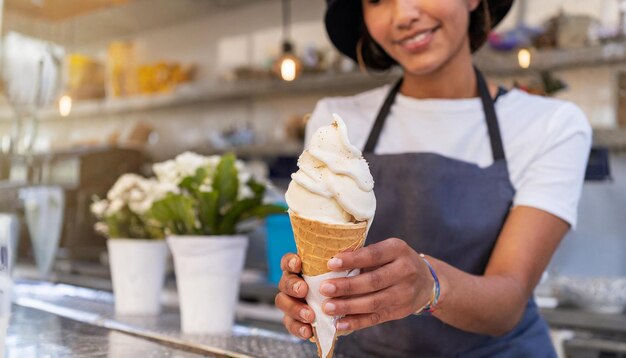 写真 アイスクリームの男がアイスクリームをコーンで提供している