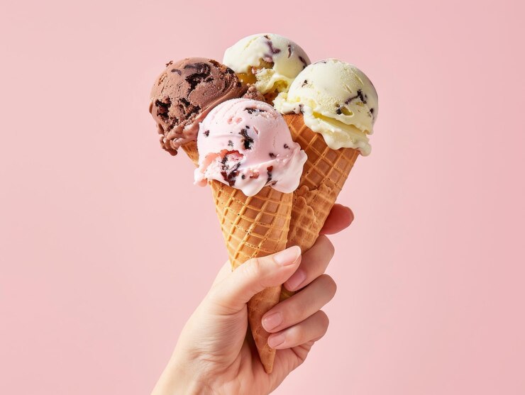 Photo a ice cream melting solid color background colorful ice creams in the cone melting and dripping
