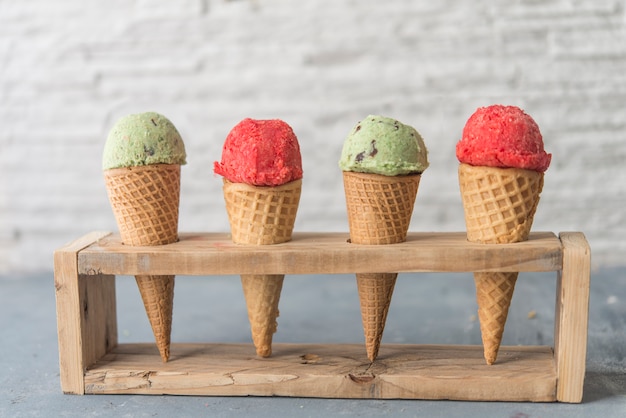 Ice cream of mint and chocolat and strawberry