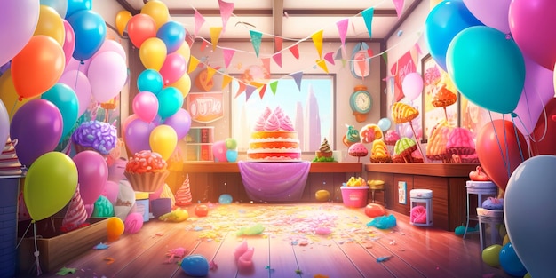 Ice cream party background with balloons streamers and a table filled with a variety of frozen treats Generative AI