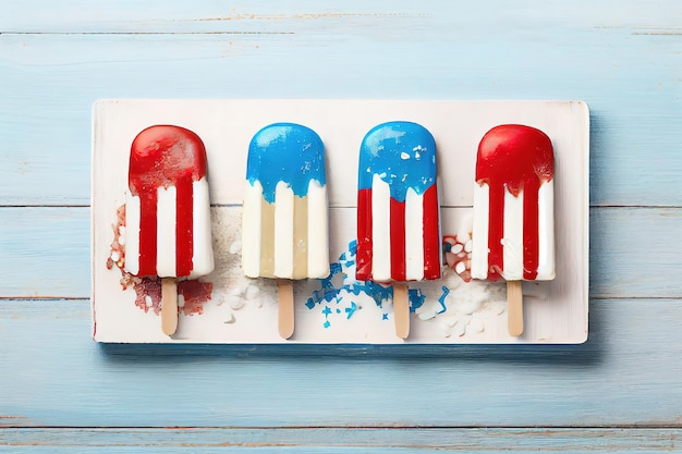 Foto ghiaccioli patriottici rossi bianchi blu del gelato per la festa del 4 luglio sulla tavola di legno bianca