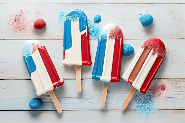 ICe cream Patriotic Red White Blue Popsicles for 4th of July holiday on white wooden table