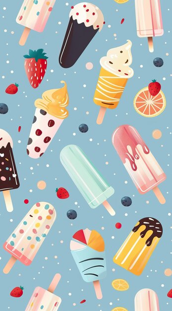 Photo ice cream pattern summer street food snacks cone waffle with filling ice cream balls in cup ice crea